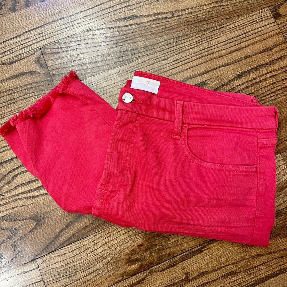 JEN7 BY 7 FOR ALL MANKIND Cropped Frayed Hem Skinny Jean, Red, size 14–like new - Picture 5 of 7